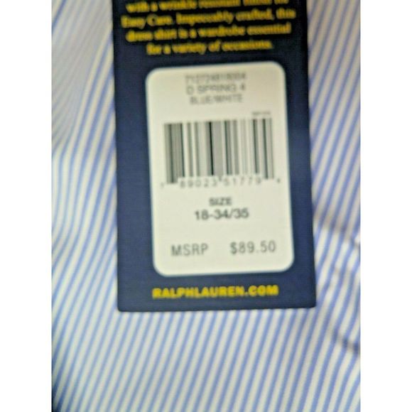 Ralph Lauren Men 18 34/35 Buttondown Shirt L/S Classic Fit Striped Blue White$90 - Picture 6 of 7